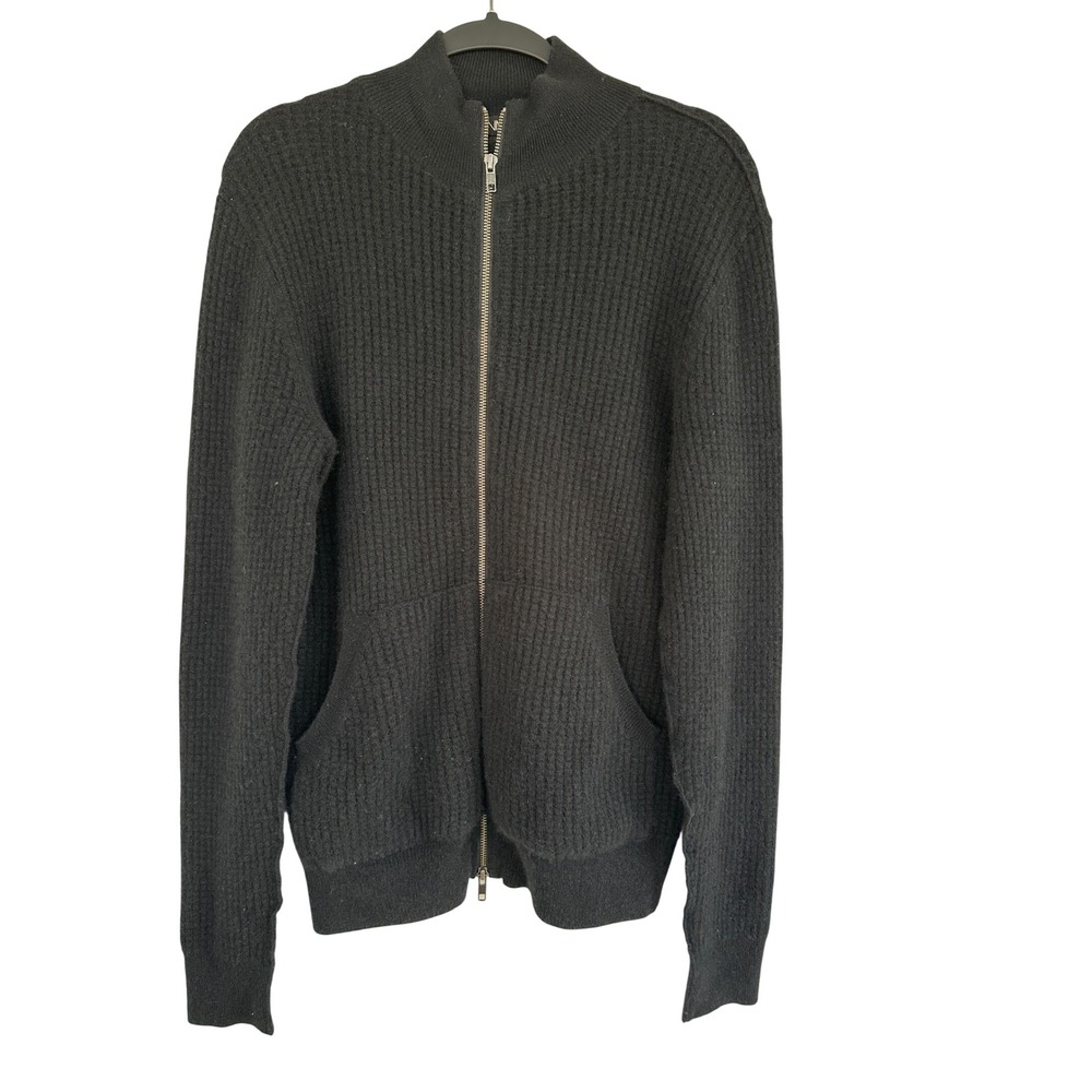 Neiman Marcus Cashmere Mens Small Black Waffle Knit Full Zip Mock Neck Sweater M